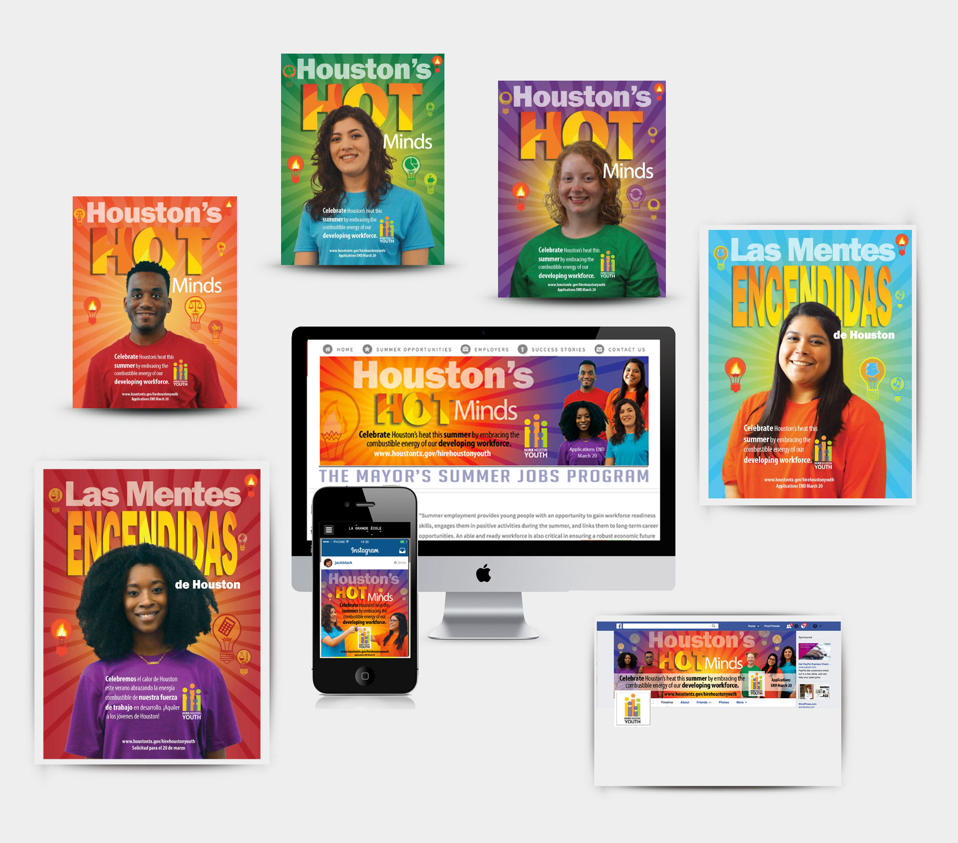 Houston's HOT Minds campaign — recolored bilingual posters, web banner, mobile and Facebook layouts for Hire Houston Youth.