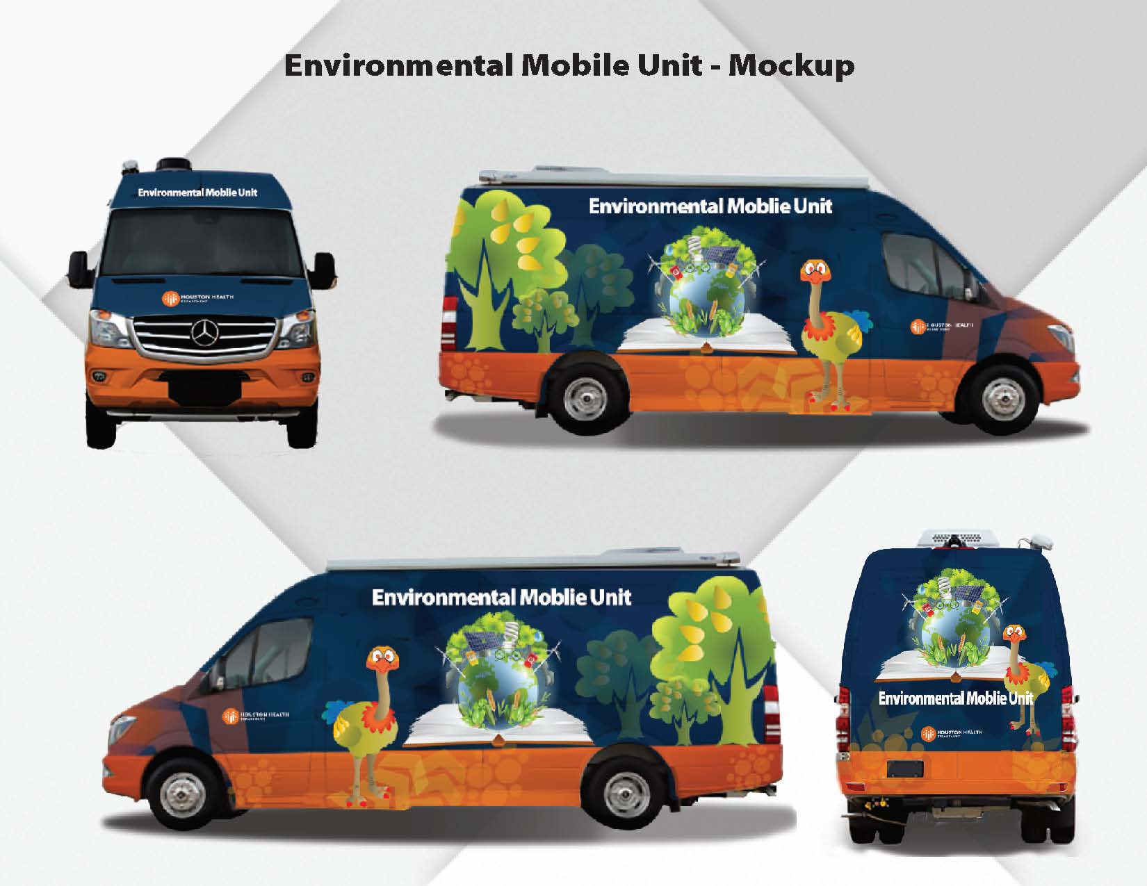 Environmental Mobile Unit van wrap mockup shown from front, both sides and rear.