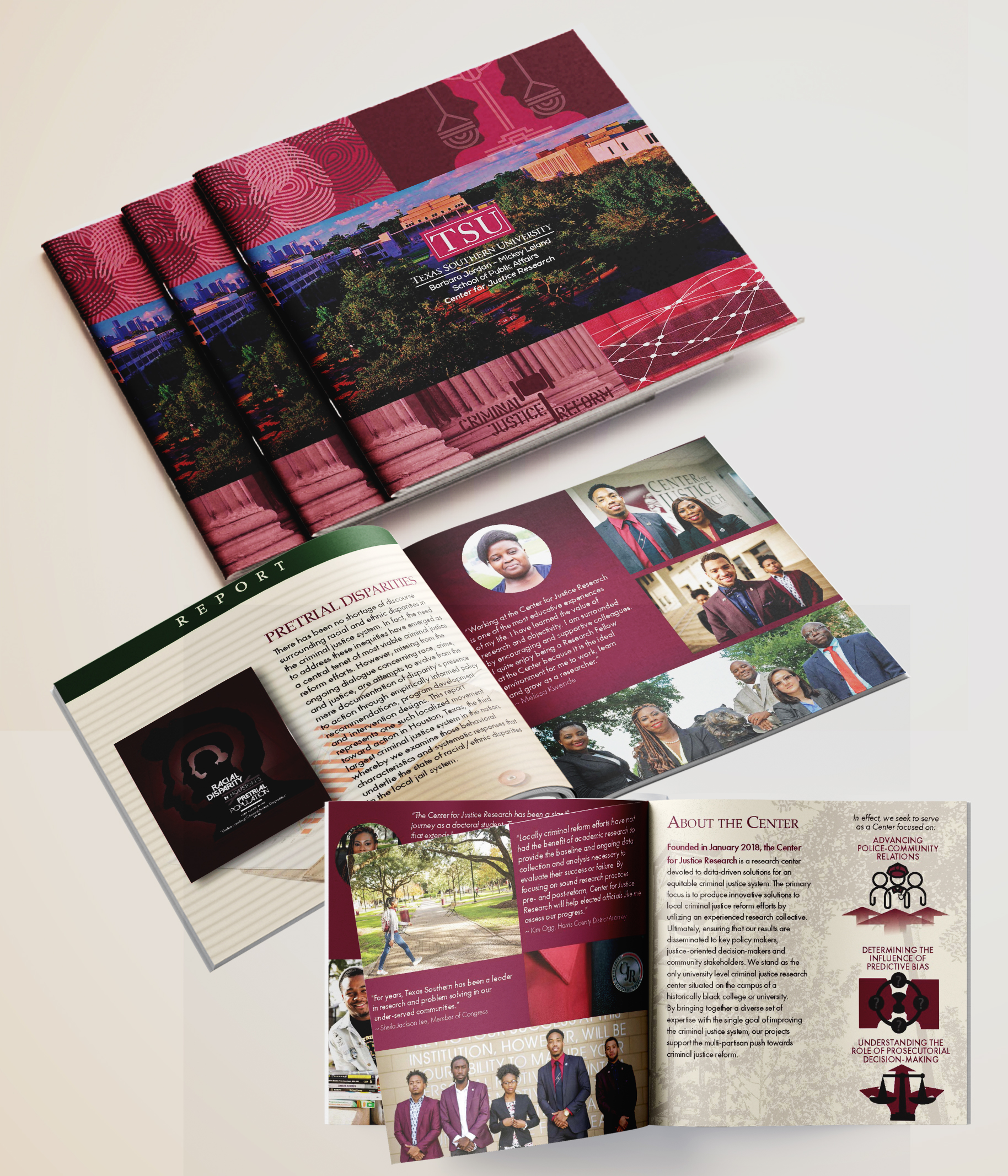 Texas Southern University Center for Justice Research report cover and interior spreads.