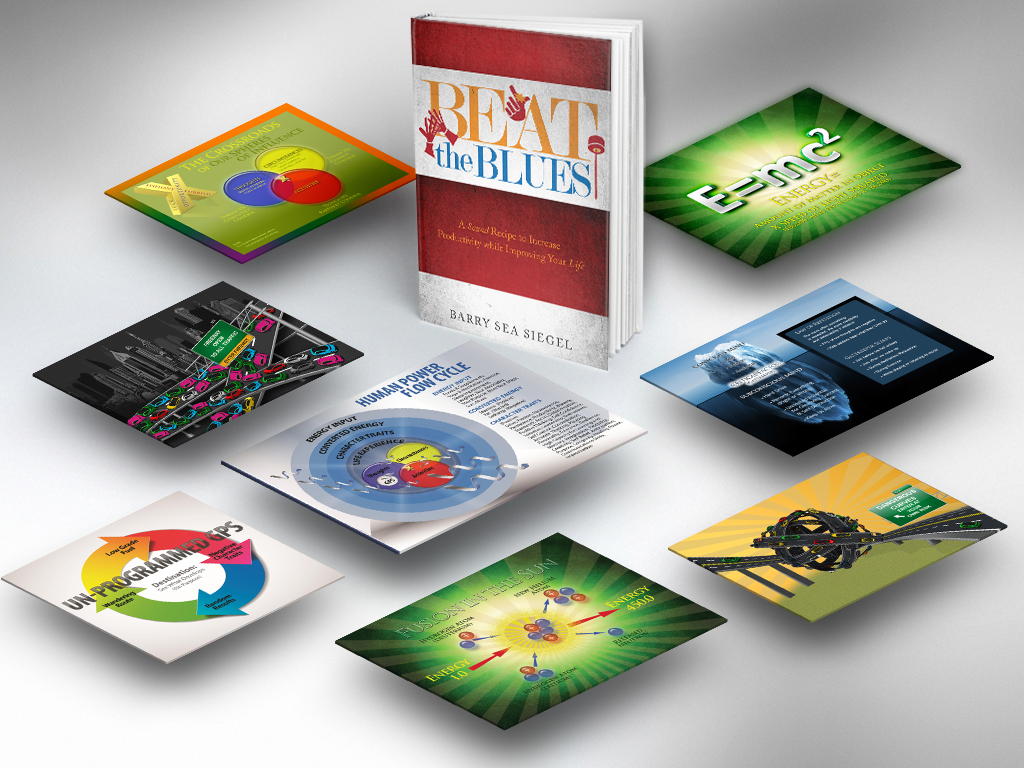 Beat the Blues book cover surrounded by a suite of companion infographic slides.