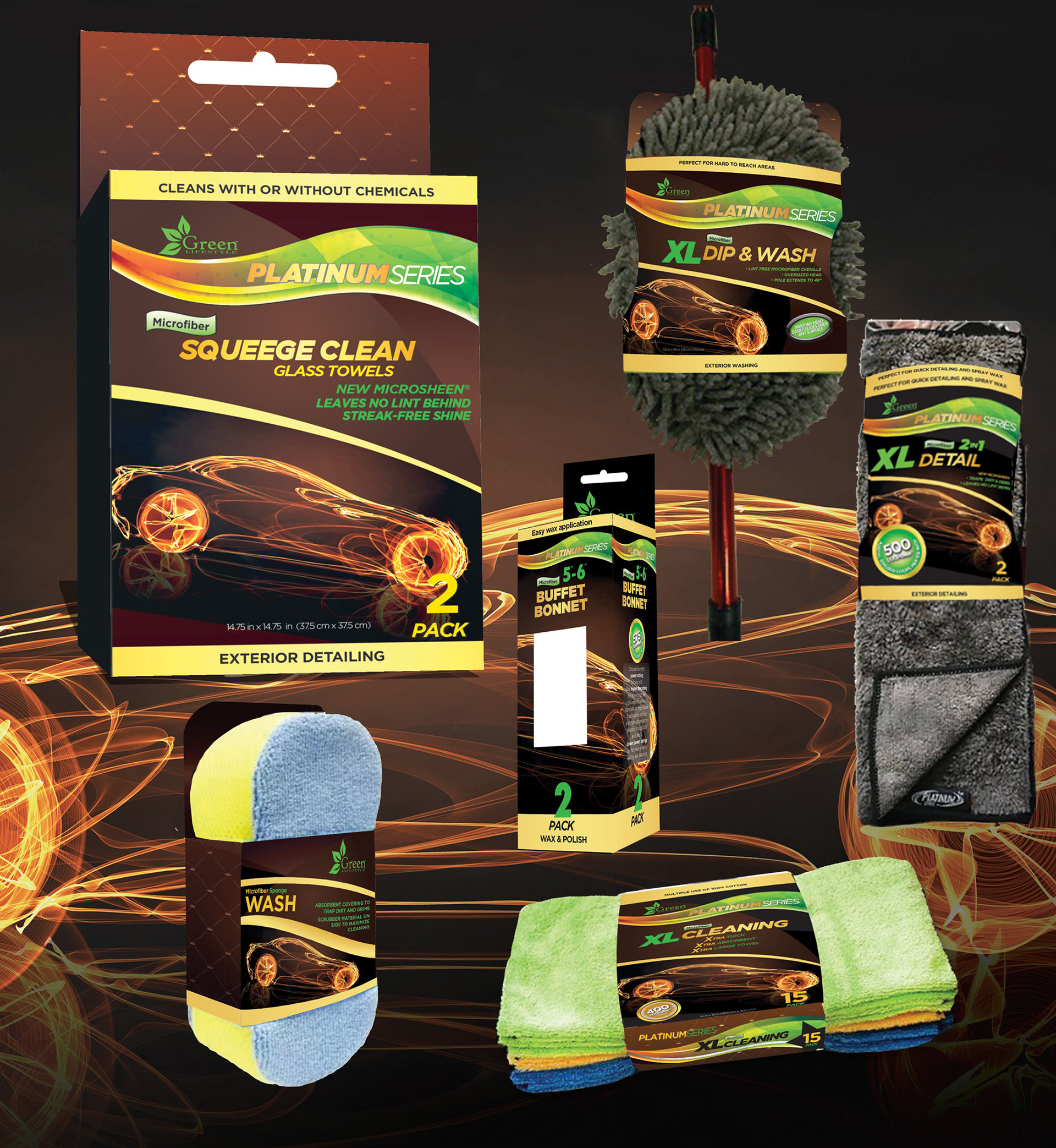 Green Lifestyle Platinum Series microfiber auto-care retail packaging line.